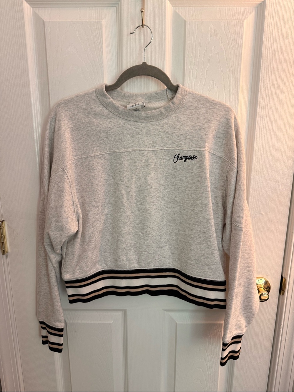 Champion Light Gray Crewneck Sweatshirt with Black & White Stripes